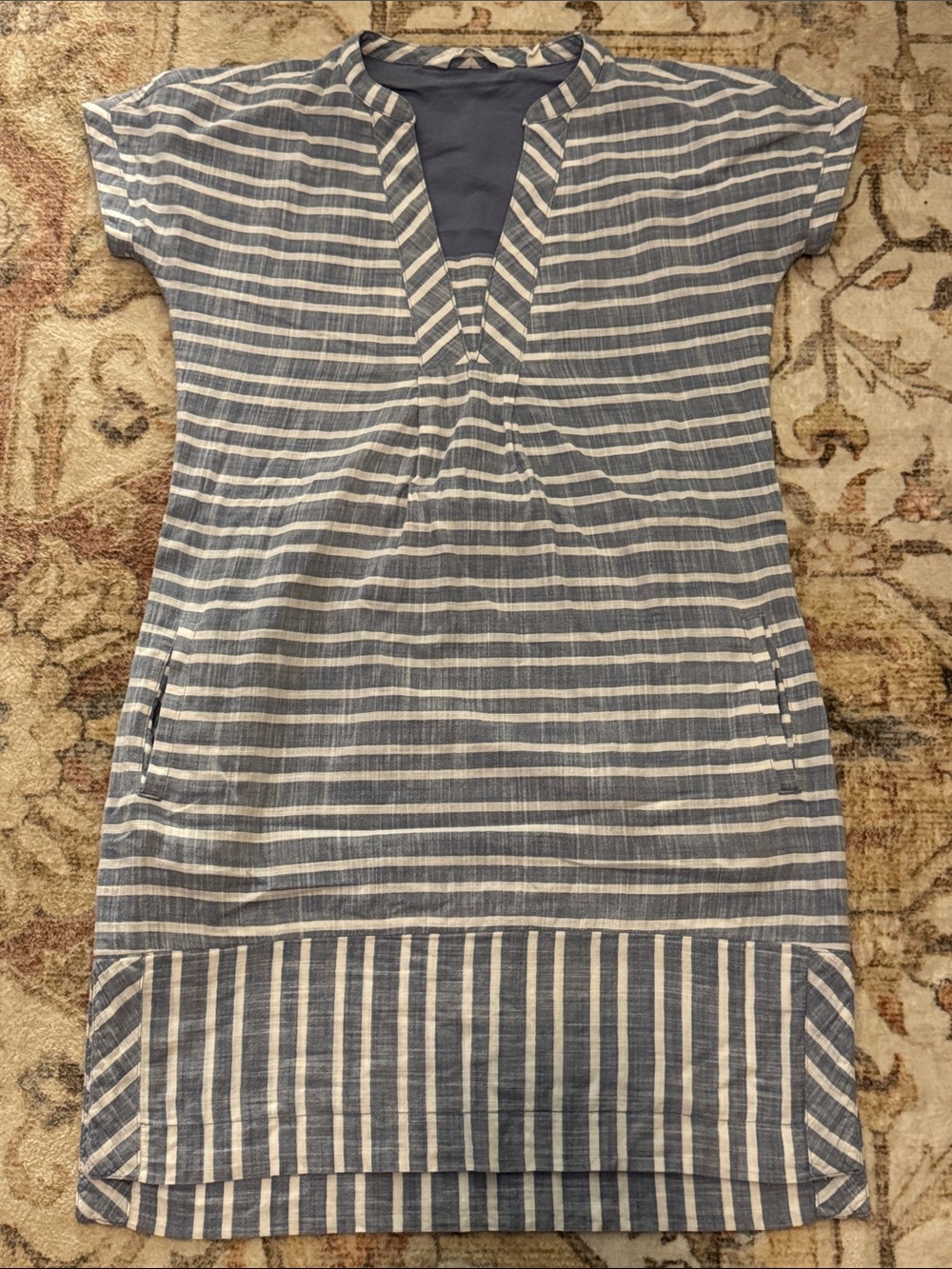 Athleta Blue and White Striped V-Neck Tunic Dress